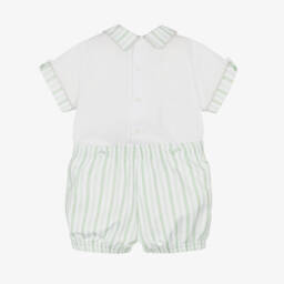 Pretty Originals-Boys White & Green Cotton Buster Suit | Childrensalon