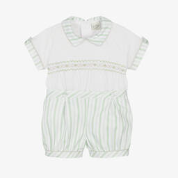 Pretty Originals-Boys White & Green Cotton Buster Suit | Childrensalon