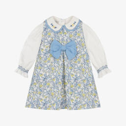 Pretty Originals-Girls White Cotton Blouse & Blue Floral Dress Set | Childrensalon