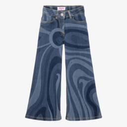 PUCCI-Girls Blue Denim Jeans with Marmo Print | Childrensalon