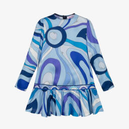 Girls Blue Marmo Print Satin Dress