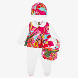 Girls White & Pink Orchidee Print Babysuit Gift Set