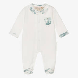 Ivory Velour Babygrow with Green Toile De Jouy Trims