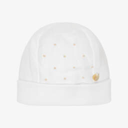 White & Beige Layette Hat with Embroidered Dots