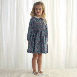 Rachel Riley-Girls Blue Cotton Hand-Smocked Dress | Childrensalon