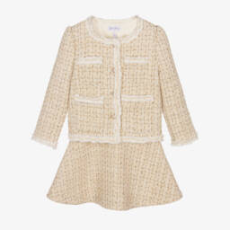Rachel Riley-طقم تنورة تويد لون عاجي وذهبي للبنات | Childrensalon