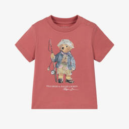 Baby Boys Red Cotton T-Shirt with Fishing Polo Bear