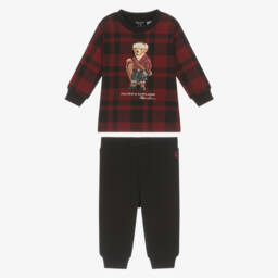 Ralph Lauren-Baby Boys Red Tartan Trouser Set with Sledging Polo Bear | Childrensalon