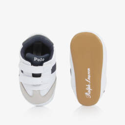 Ralph Lauren-Baby Boys White & Navy Blue Pre-Walker Velcro Trainers | Childrensalon
