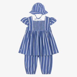 Ralph Lauren-Baby Girls Blue Striped Cotton Trouser Set | Childrensalon