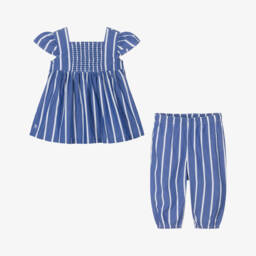 Ralph Lauren-Baby Girls Blue Striped Cotton Trouser Set | Childrensalon