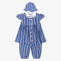 Ralph Lauren-Baby Girls Blue Striped Cotton Trouser Set | Childrensalon