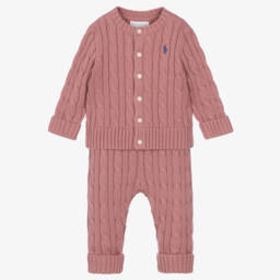Baby Girls Pink Cotton Cable-Knit Trouser Set