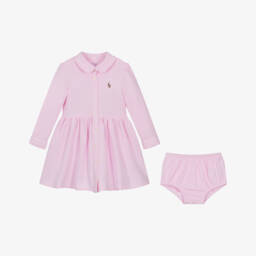 Ralph Lauren-Baby Girls Pink Cotton Piqué Shirt Dress with Pony Logo | Childrensalon