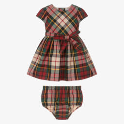 Ralph Lauren-Baby Girls Red & Green Tartan Satin Dress | Childrensalon