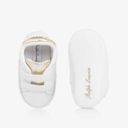 Ralph Lauren-Baby Girls White & Metallic Gold Pre-Walker Trainers | Childrensalon