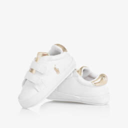 Ralph Lauren-Baby Girls White & Metallic Gold Pre-Walker Trainers | Childrensalon