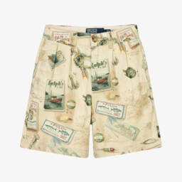 Boys Beige Shorts with Vintage Fishing Print 