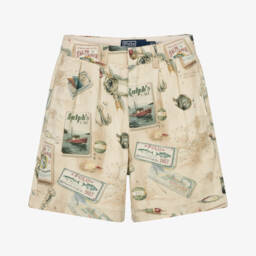 Boys Beige Shorts with Vintage Fishing Print 