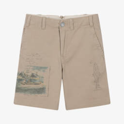 Boys Beige Twill Fishing Print Shorts