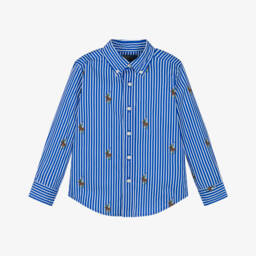 Ralph Lauren-Boys Blue & White Stripe Cotton Shirt with All Over Pony Logo | Childrensalon