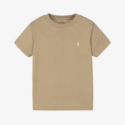 Boys Dark Beige Cotton T-Shirt with Pony Logo