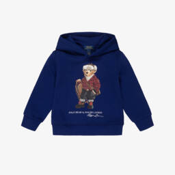 Boys Dark Royal Blue Hoodie with Polo Bear Print