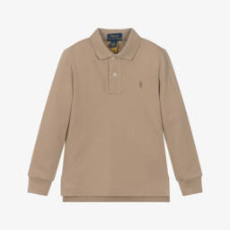 Ralph Lauren-Boys Fawn Beige Long-Sleeve Cotton Polo Shirt | Childrensalon