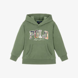 Boys Green Cotton Hoodie with Check Polo Logo