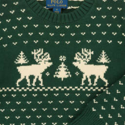 Ralph Lauren-Boys Green Cotton Knit Fair Isle Sweater with Reindeer | Childrensalon