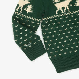 Ralph Lauren-Boys Green Cotton Knit Fair Isle Sweater with Reindeer | Childrensalon