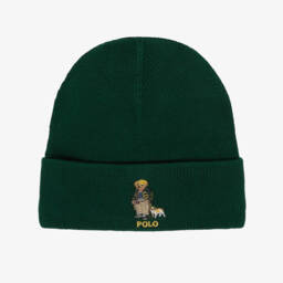 Шапка бини зеленая хлопковая вязаная с мишкой Поло для мальчиков