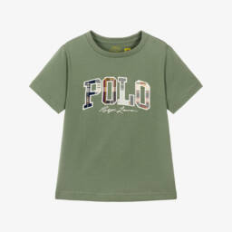 Boys Green Cotton T-Shirt with Check Polo Logo