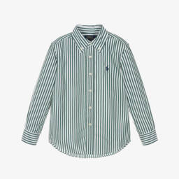 Ralph Lauren-Boys Green & White Striped Cotton Shirt | Childrensalon
