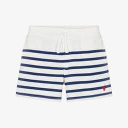 Boys Ivory & Blue Stripe Cotton Jersey Drawstring Shorts