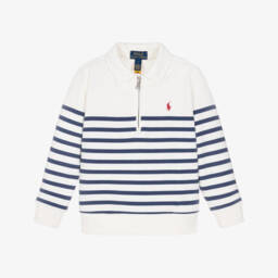 Boys Ivory & Blue Stripe Cotton Quarter Zip Sweatshirt