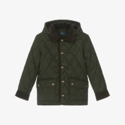 Ralph Lauren-Boys Khaki Green Quilted Jacket with Detachable Hood | Childrensalon