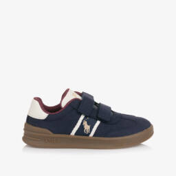 Ralph Lauren-Boys Navy Blue Faux Suede Velcro Trainers with Pony Logo | Childrensalon