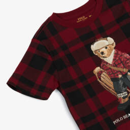 Ralph Lauren-Boys Red Check Polo Bear Cotton T-Shirt | Childrensalon