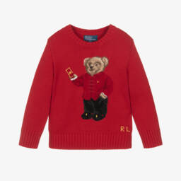 Ralph Lauren Boys Red Cotton Knit Bear Sweater Childrensalon - Main Image