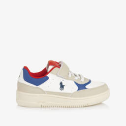 Ralph Lauren-Boys White & Beige Faux Leather Trainers | Childrensalon