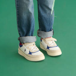 Ralph Lauren-Boys White & Beige Faux Leather Trainers | Childrensalon