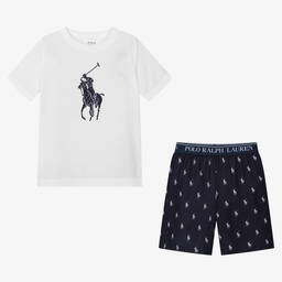 Ralph Lauren-بيجاما شورت قطن لون كحلي و أبيض للأولاد | Childrensalon