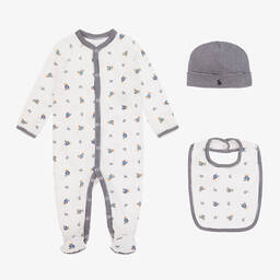 Ralph Lauren-طقم أفرول بطبعة الدب بولو لون ابيض وأزرق للمواليد | Childrensalon