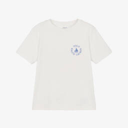 Boys White Cotton Jersey T-Shirt with Blue Boat Logo Print