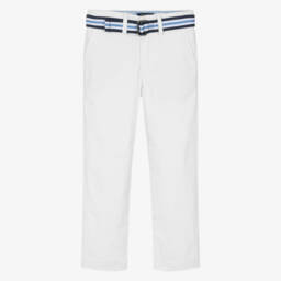 Ralph Lauren-Boys Blue & White Striped Linen Collarless Shirt | Childrensalon