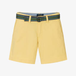 Ralph Lauren-Boys Yellow Cotton Chino Shorts with Green Webbed Belt | Childrensalon