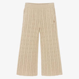 Girls Beige Cotton Cable-Knit Trousers