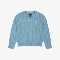 Girls Blue Cotton Cable-Knit Sweater 