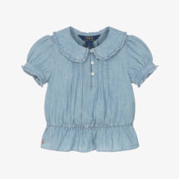Ralph Lauren-Girls Blue Cotton Chambray Peplum Blouse | Childrensalon